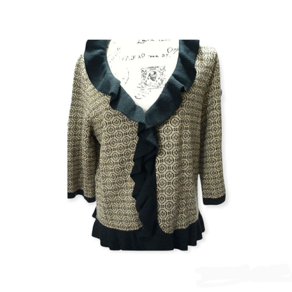 Womens Vtg Designers originals Black tan Petite Large Sweater Ruffled Cardigan - Picture 2 of 7